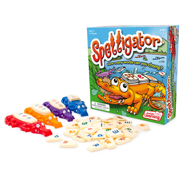 The image shows the Spelligator game set which includes a colorful game box with Spelligators and letter tiles spread out on a white background.