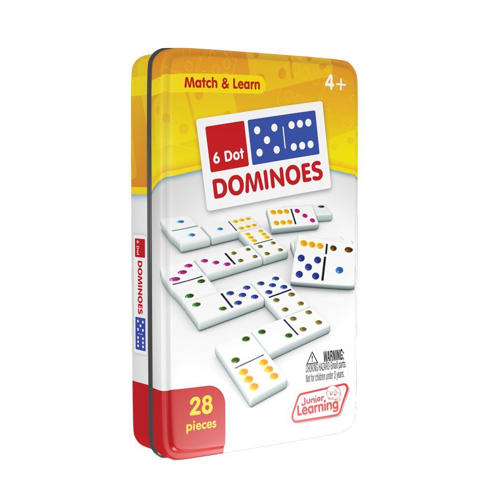 Junior Learning JL484 6 Dot Dominoes tin packaging left facing