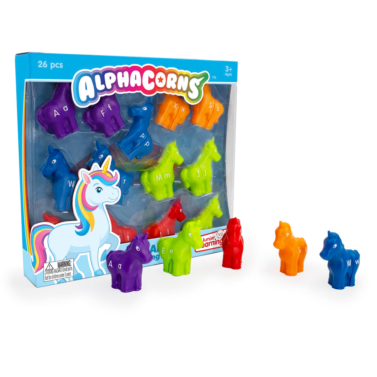 Colourful alphabetic horse figurines with packaging on a white background