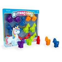 Colourful alphabetic horse figurines with packaging on a white background