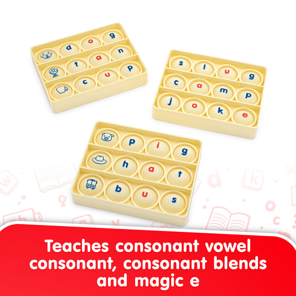 Three yellow letter boards with letters on a white background, teaching consonant vowel consonant, consonant blends, and magic e.