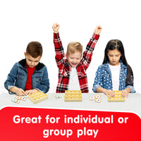 Three children playing a game with text 'Great for individual or group play' on a white background