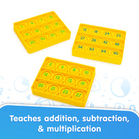 Yellow educational math toys with numbers on a white background