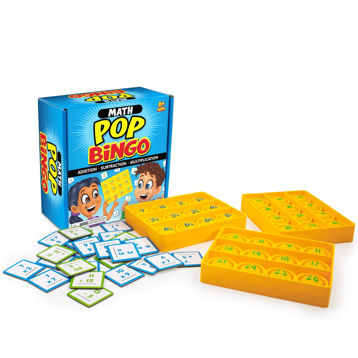 Math Pop Bingo game set with cards and boxes on a white background