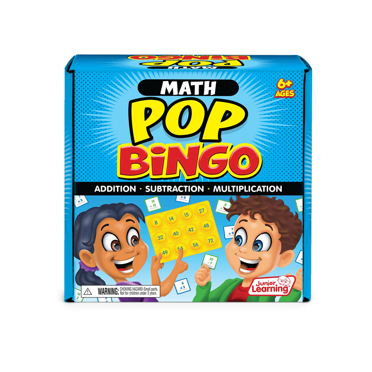 Math Pop Bingo game box with two children holding cards on a white background