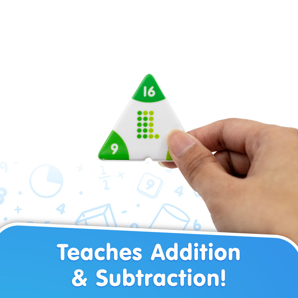 Hand holding a triangular math tool with numbers on a white background