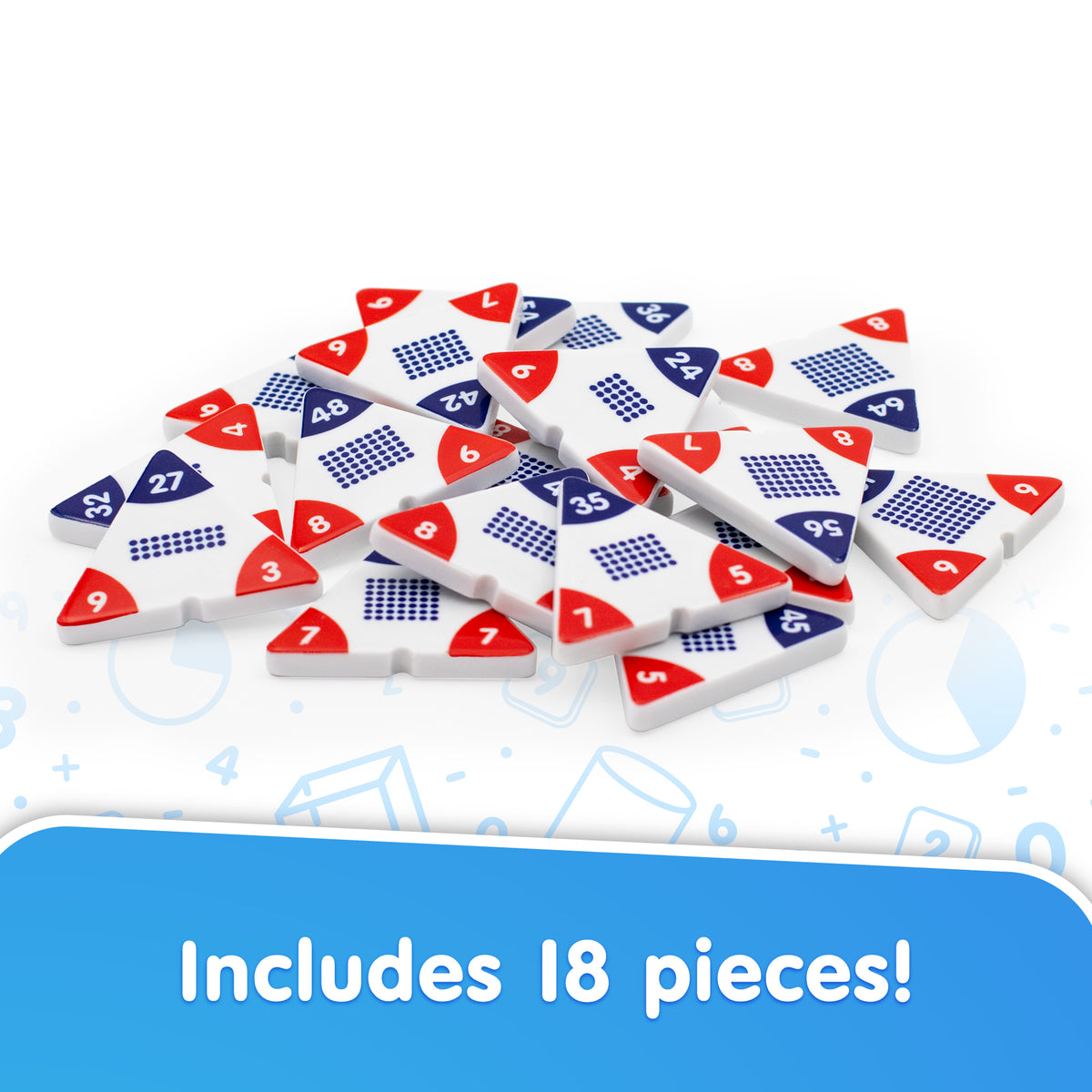 Set of 18 triangular dice with numbers on a white background