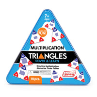 Triangular packaging of Multiplication Triangles educational game with colorful triangles inside