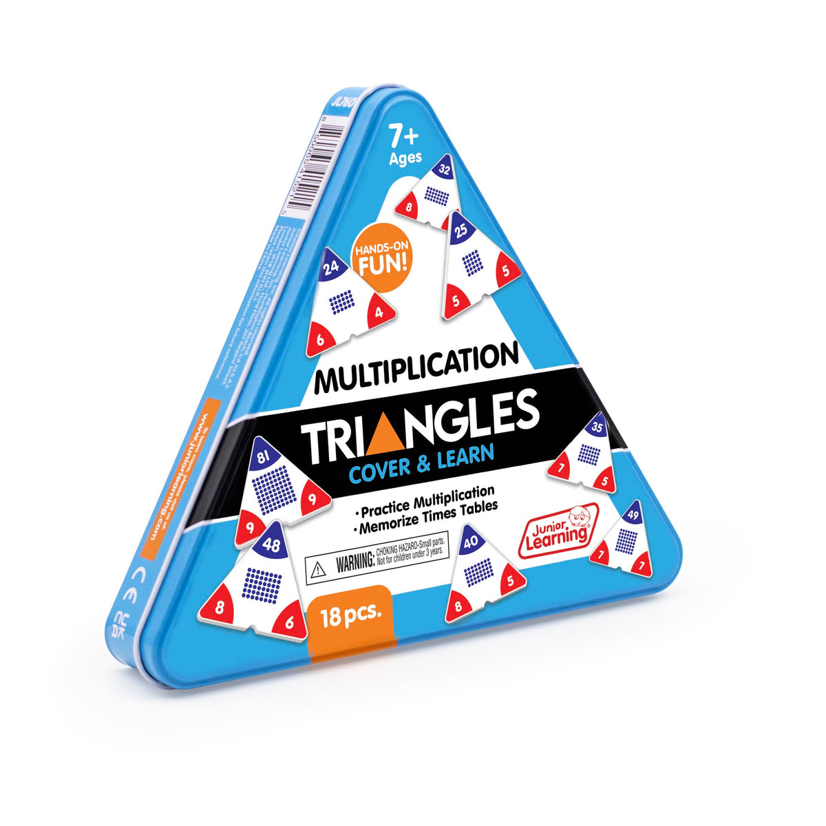 Triangular packaging of Multiplication Triangles educational game with colorful triangles on a white background