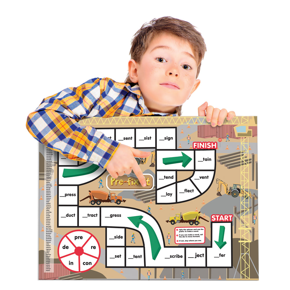 boy playing with Junior Learning JL408 prefixes board game